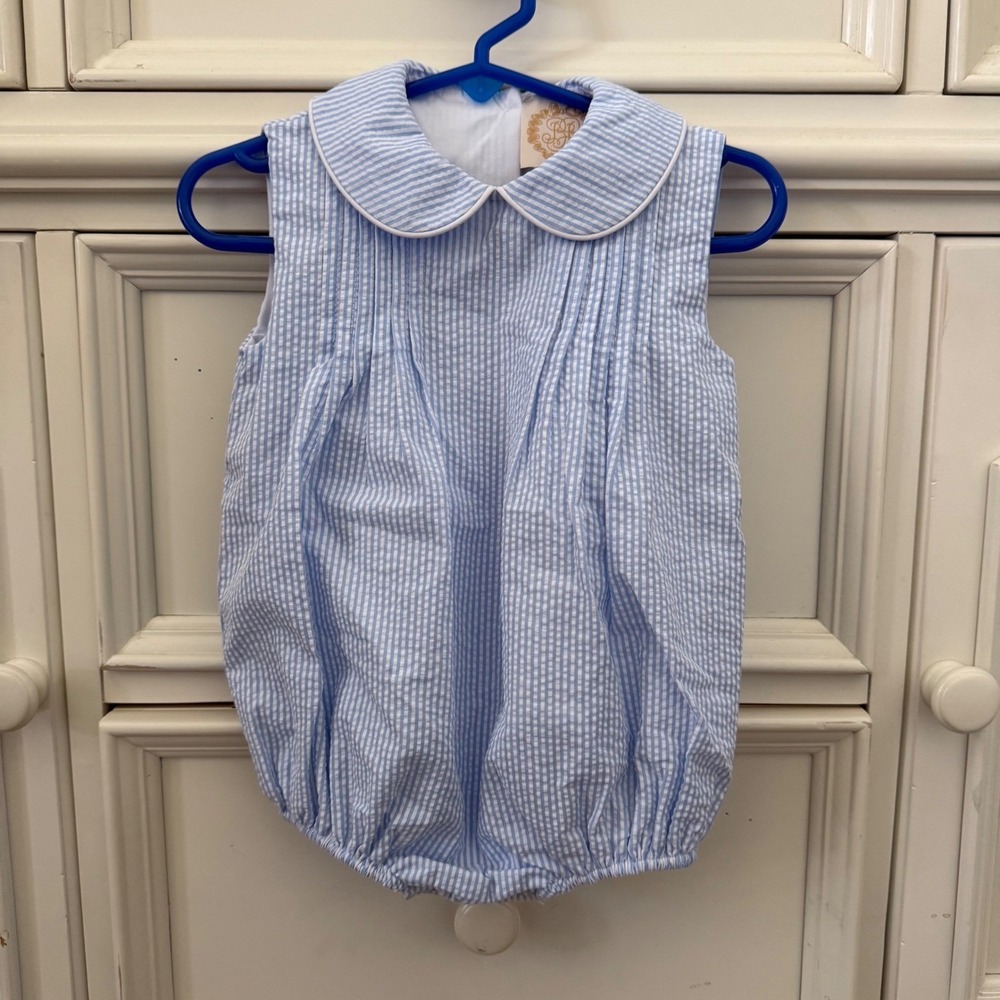 NEW The Beaufort Bonnet Company Boone Bubble 12/18M Breakers Blue Seersucker